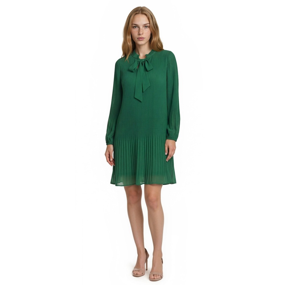 DKNY Green Shift Dress Women's Size 8 Pleated Tie Neck Long Sleeve Knee Length